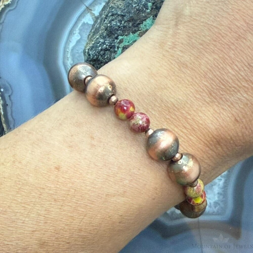 6-9.5mm Copper Navajo Pearl Beads & Sediment Jasper Stretch Bracelet For Women